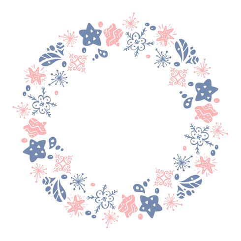 Christmas Hand Drawn wreath pink and blue Floral Winter Design Elements isolated on white background for retro design flourish. Vector calligraphy and lettering illustration