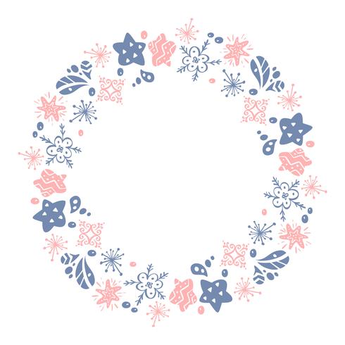 Elementos florales dibujados mano del diseño del invierno del rosa y azul de la guirnalda de la Navidad aislados en el fondo blanco para el flourish retro del diseño. Ilustración de vector caligrafía y letras