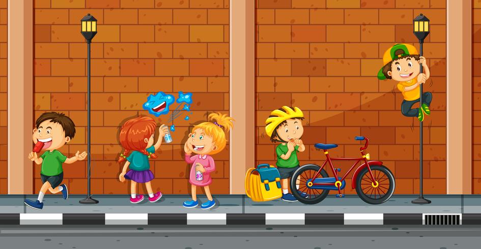 Many kids doing different activities on the street vector