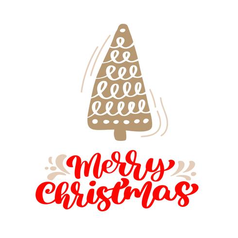 Hand drawn scandinavian illustration fir tree. Merry Christmas calligraphy vector lettering text. xmas greeting card. Isolated objects