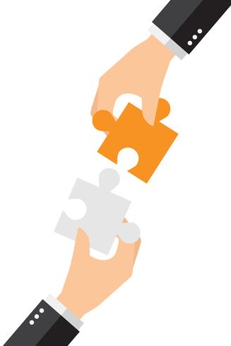 Business people solving oversized jigsaw puzzle together vector