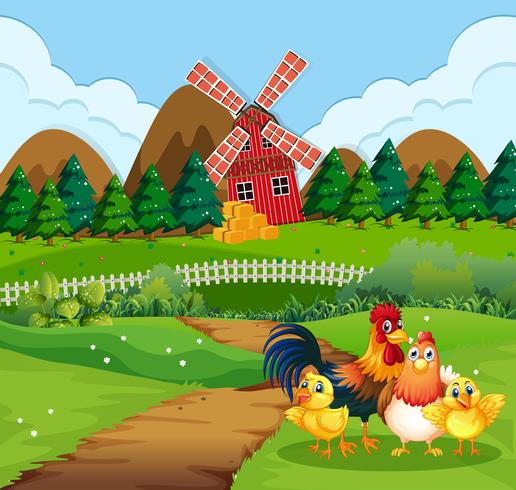 Chicken family at farmland vector