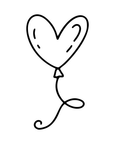 Monoline cute balloon in form of heart. Vector Valentines Day Hand Drawn icon. Holiday sketch doodle Design element valentine. love decor for web, wedding and print. Isolated illustration