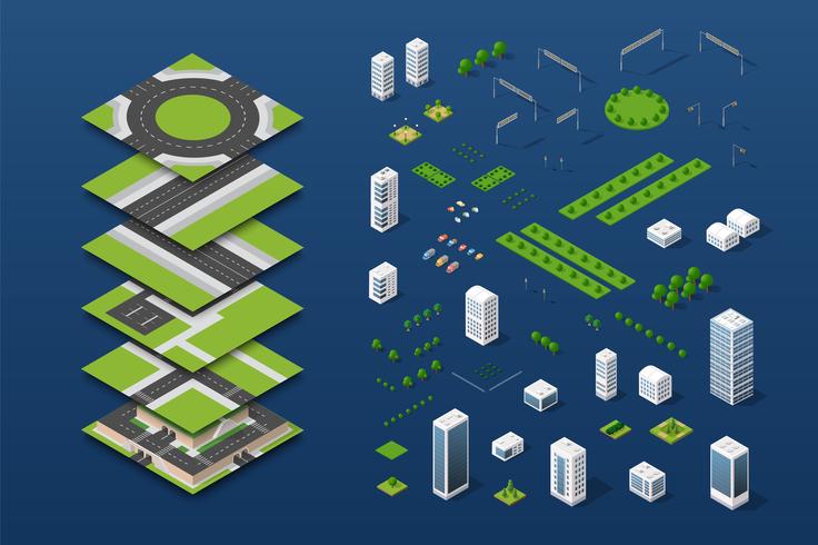 City isometric concept of urban infrastructure business vector