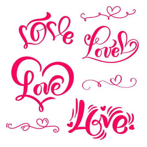 Conjunto de caligrafía roja palabra &quot;amor&quot; vector