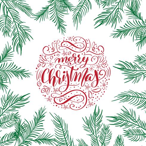 Merry Christmas vector text Calligraphic Lettering design with fir branches. Creative typography for Holiday Greeting Gift Poster. Calligraphy Font style Banner