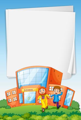 Paper template with muslim kids at school vector