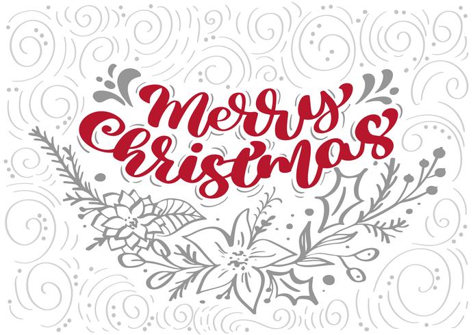 Texto rojo del vector de las letras de la caligrafía de la Feliz Navidad con los elementos de Navidad del invierno en estilo escandinavo. Tipografía creativa para el cartel de la tarjeta de felicitación de vacaciones