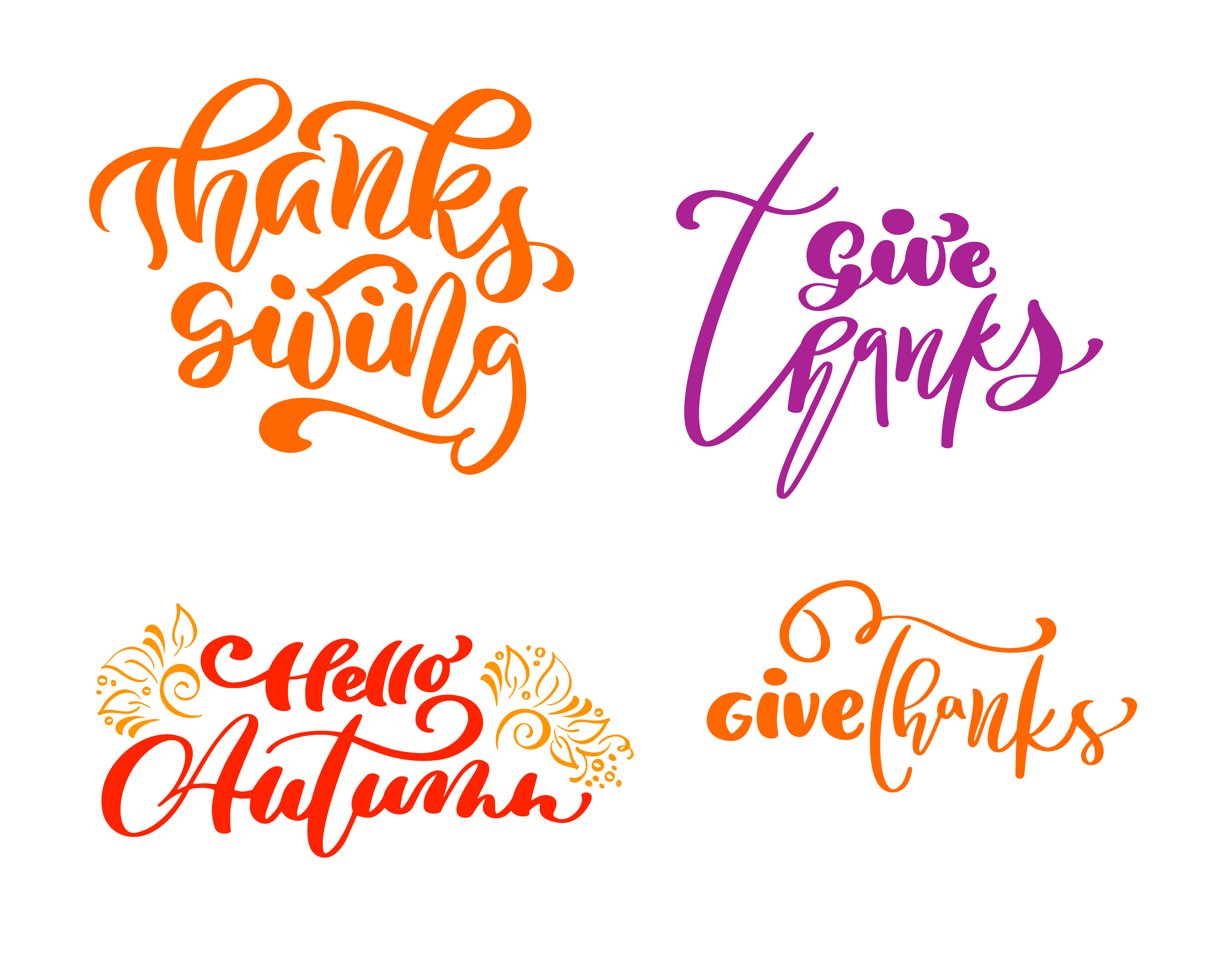 Set of four calligraphy phrases Give Thanks, Thanksgiving ...