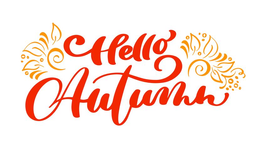 Hello autumn lettering print vector text with flourish for Thanksgiving Day minimalistic illustration. Isolated calligraphy phrase on white background for greeting card