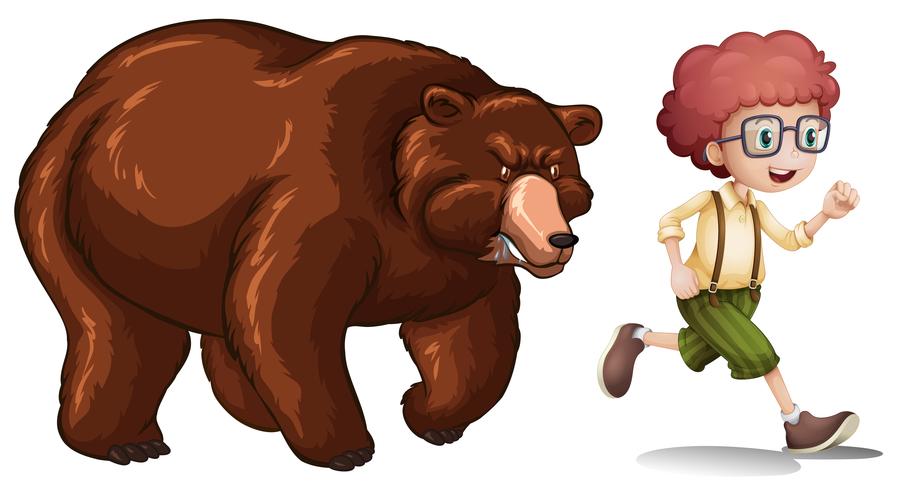 Brown bear chasing little boy vector