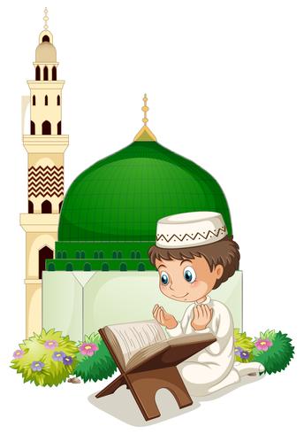 Little boy praying at mosque vector