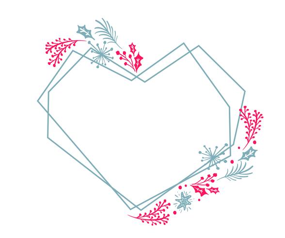 Christmas Hand Drawn heart wreath geometry frame stylized square for card with flowers and leaves. Scandinavian vector illustration with place for your text