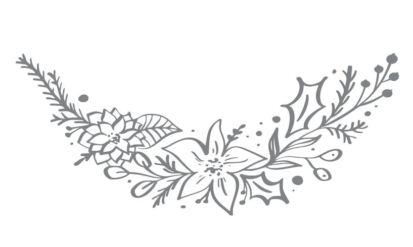 Los elementos de esquina decorativos de Navidad diseñan con hojas y ramas florales en estilo escandinavo. Vector handdraw ilustración para tarjeta de felicitación de Navidad