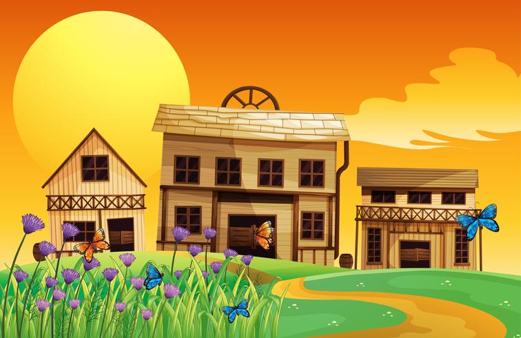 A view of the sunset and the three houses vector