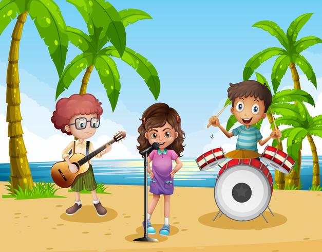 Niños tocando música en la banda en la playa. vector