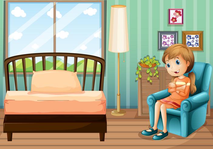 Little girl sitting in bedroom vector