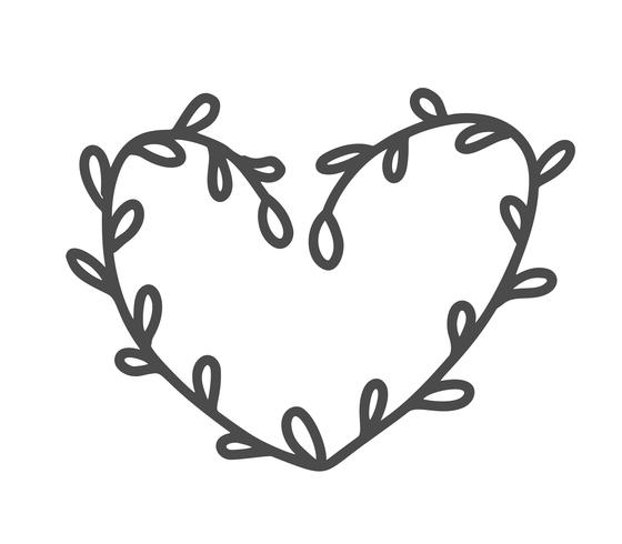 Hand drawn scandinavian Velentines Day heart with ornament flourish icon silhouette. Vector Simple contour valentine symbol. Isolated Design element for web, wedding and print