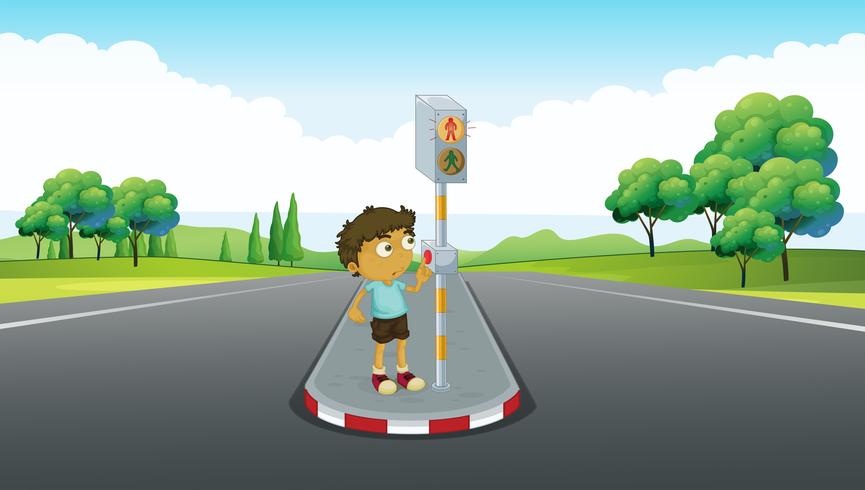 Boy using signal to cross the road vector