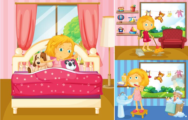 Girl doing different activities at home vector