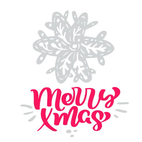 Merry Xmas calligraphy lettering text. Christmas scandinavian greeting card with hand drawn vector illustration stylized snowflake. Isolated objects