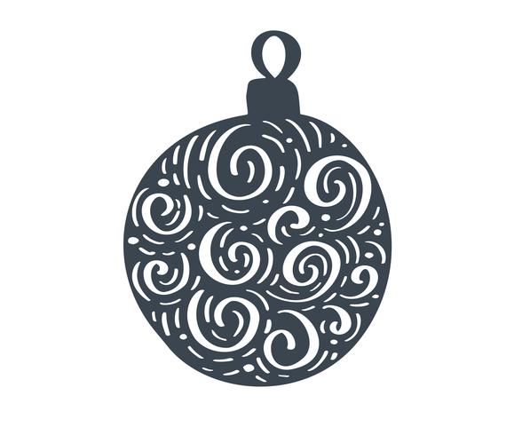 Handdraw scandinavian Christmas ball with ornament flourish vector icon silhouette. Simple gift contour symbol. Isolated on white web sign kit of stylized spruce picture