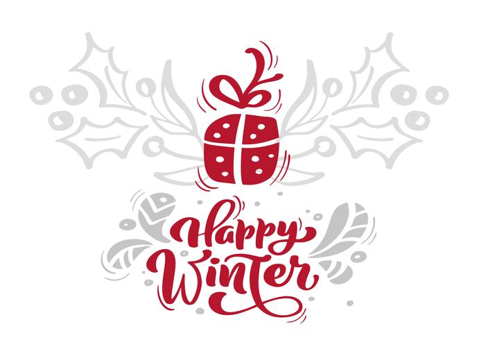 Texto feliz rojo del vector de las letras de la caligrafía del invierno de la Navidad con los elementos de Navidad en estilo escandinavo. Tipografía creativa para el cartel de la tarjeta de felicitación de vacaciones