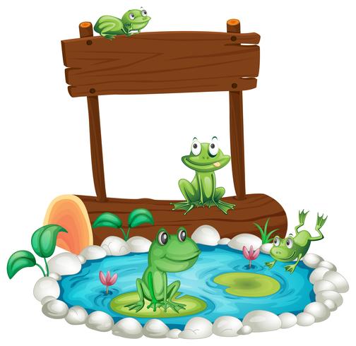 Wooden sign with frogs in the pond background vector