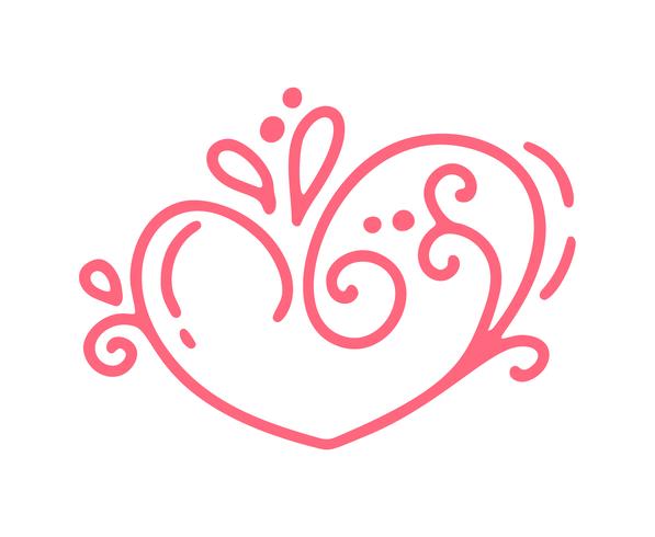 Día de San Valentín de vector rojo monoline dibujado a mano corazón caligráfico de la vendimia. Diseño de vacaciones elemento de san valentín Icono de decoración de amor para web, boda e impresión. Ilustración de caligrafía aislada