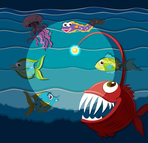 Escena del mar con monstruos marinos vector