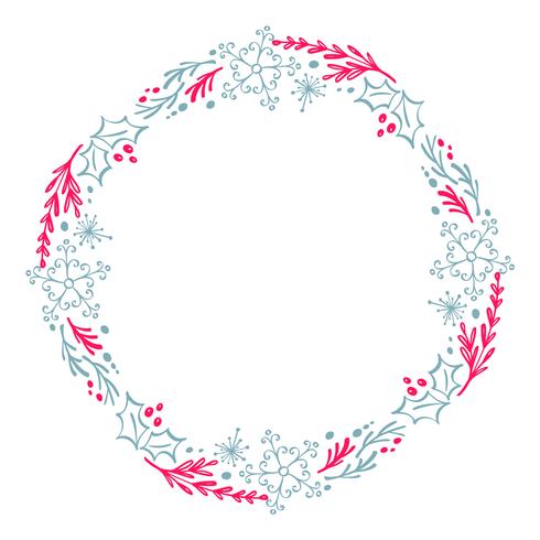 Christmas Hand Drawn wreath red and blue Floral Winter Design Elements isolated on white background for retro design flourish. Vector calligraphy and lettering illustration
