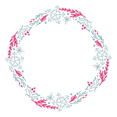 Christmas Hand Drawn wreath red and blue Floral Winter Design Elements isolated on white background for retro design flourish. Vector calligraphy and lettering illustration