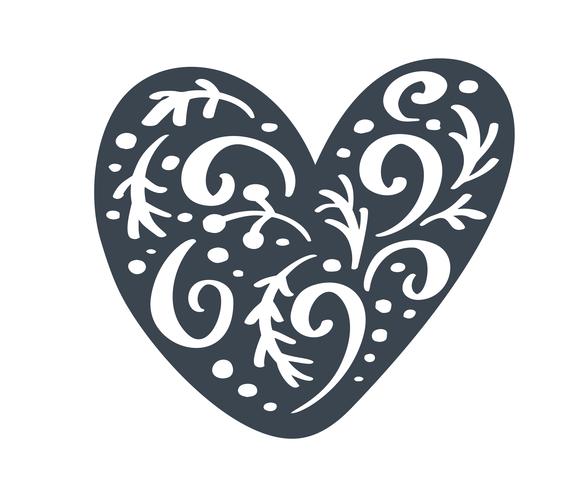 Handdraw scandinavian Christmas heart with ornament flourish vector icon silhouette. Simple gift contour symbol. Isolated on white web sign kit of stylized spruce picture