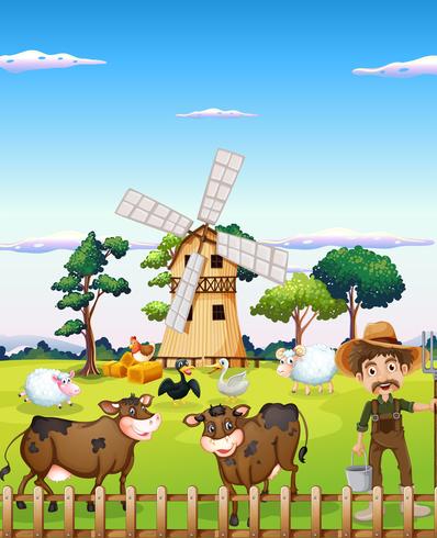 A farmer with the farm animals vector