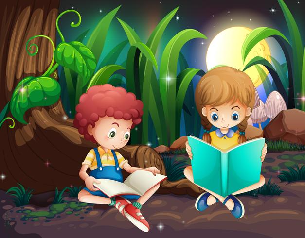 Niño y niña, libro de lectura, en, jardín vector