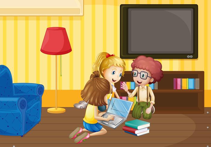 Three kids working in group at home vector