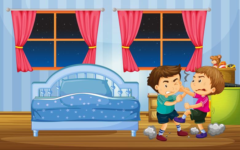 Little boys fighting in bedroom vector