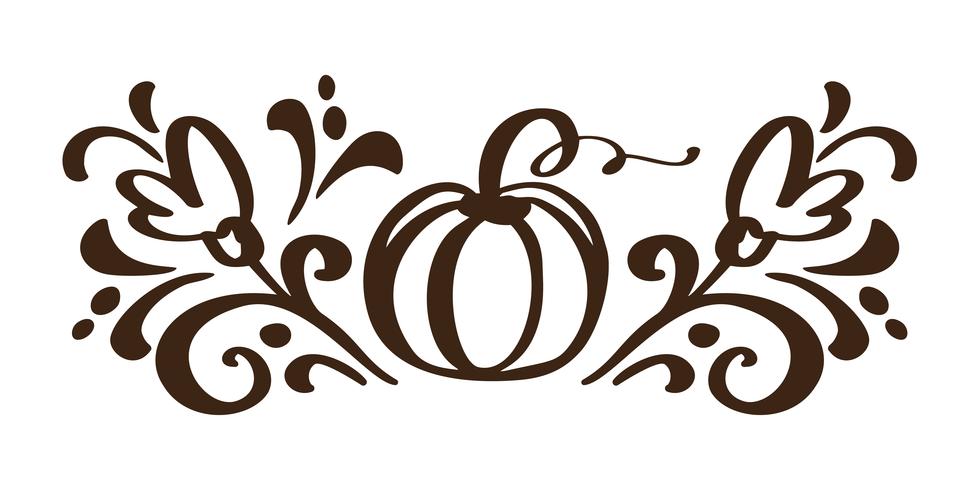 Elementos florales dibujados mano vegetal del diseño del otoño de la calabaza aislados en el fondo blanco para el diseño retro. Ilustración de vector caligrafía y letras