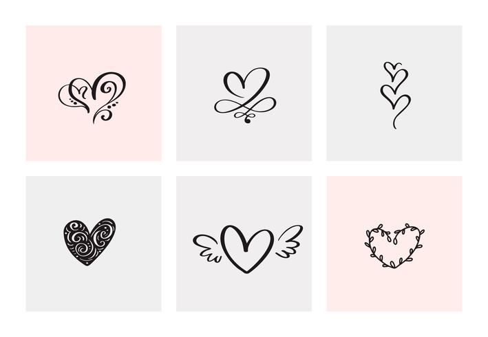 Set of six vintage Vector Valentines Day Hand Drawn Calligraphic Heart. Calligraphy lettering illustration. Holiday Design valentine. Icon love decor for web, wedding and print. Isolated