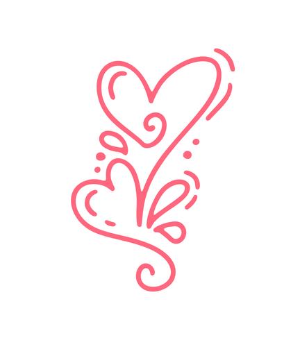 Couple monoline Red Vector Valentines Day Hand Drawn Calligraphic two Hearts. Holiday Design element valentine. Icon love decor for web, wedding and print. Isolated Calligraphy lettering illustration
