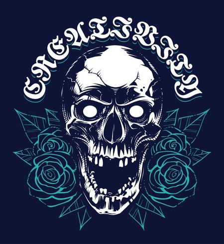 Cráneo con rosas diseño de impresión de grunge vector