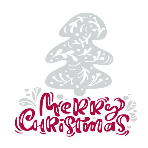 Merry Christmas calligraphy lettering text. Xmas scandinavian greeting card with hand drawn vector illustration stylized fir tree. Isolated objects