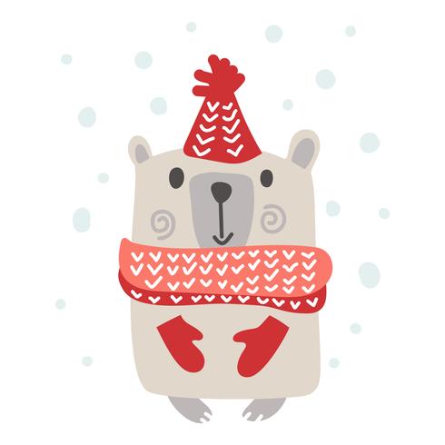 Christmas scandinavian style design. Hand drawn vector illustration of a cute funny winter bear in a muffler, going for a walk. Isolated objects on white background. Concept for kids apparel, nursery print