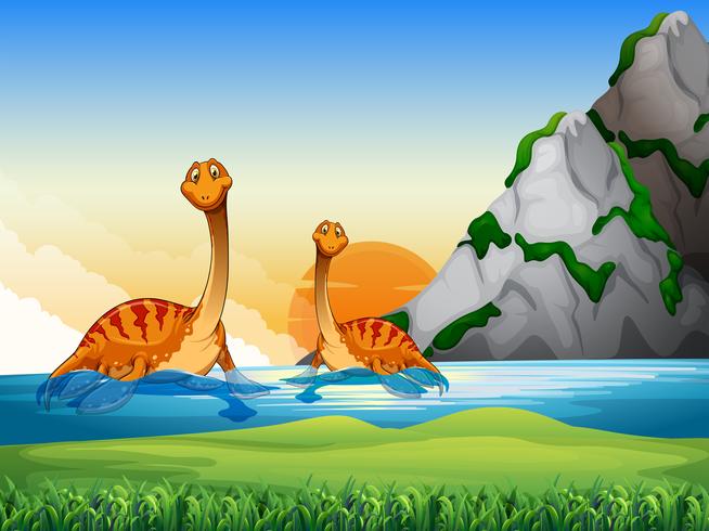 Two dinosaurs in the lake vector