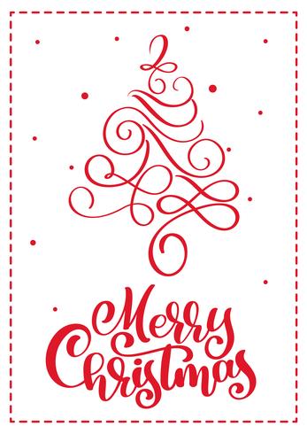 Christmas scandinavian greeting card with merry Christmas calligraphy lettering text. Hand drawn vector illustration of vintage Christmas tree. Isolated objects