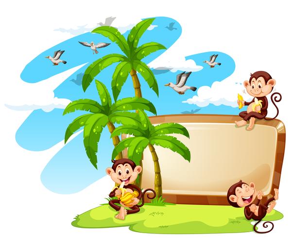 Frame design with monkeys and coconut trees vector