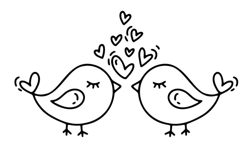 Vector monoline dos pájaros con corazones. Día de San Valentín icono dibujado a mano. Vacaciones bosquejo doodle diseño planta elemento san valentín. Decoración de amor para web, bodas y estampados. Ilustración aislada