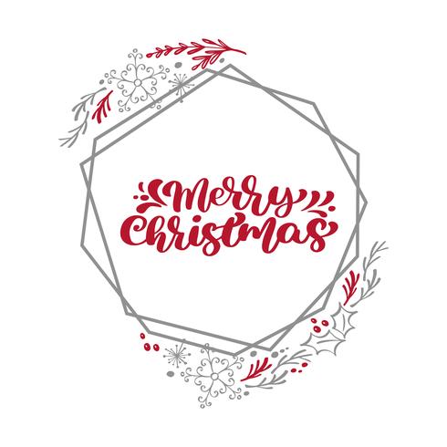 Merry Christmas Calligraphy vector text in xmas floral and geometric elements frame wreath. Lettering design in scandinavian style. Creative typography for Holiday Greeting Gift Poster