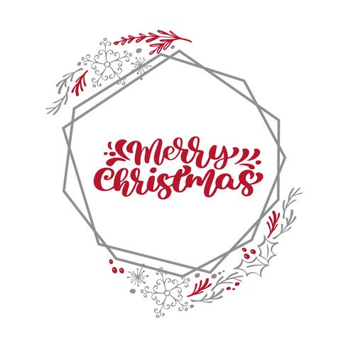 Merry Christmas Calligraphy vector text in xmas floral and geometric elements frame wreath. Lettering design in scandinavian style. Creative typography for Holiday Greeting Gift Poster