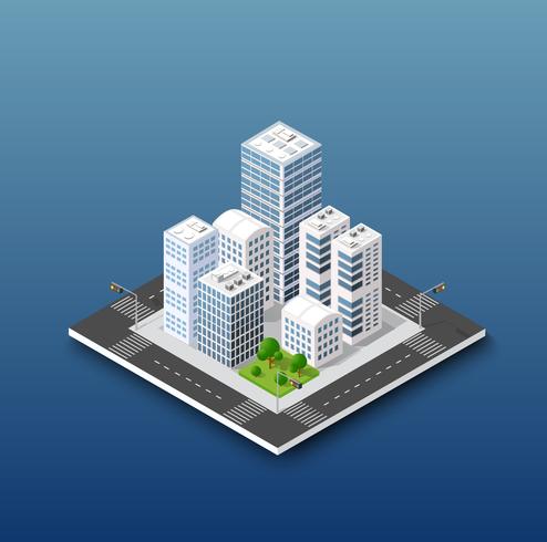City isometric concept of urban infrastructure business vector